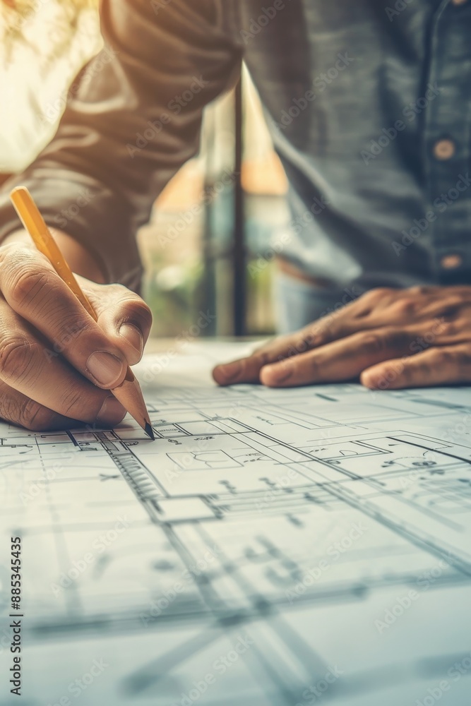 Poster the architect is working on a blueprint. the architect's workspace includes blueprints, a ruler, a c