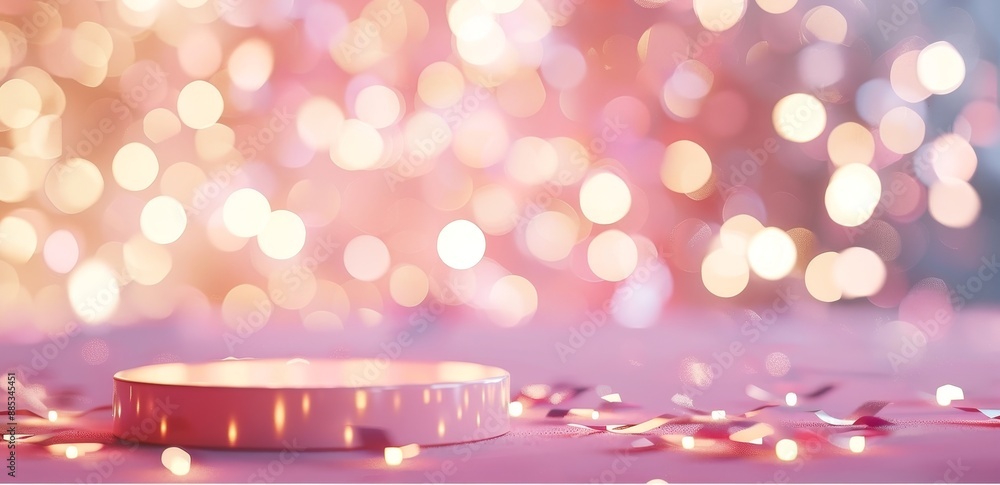 Poster this is a mockup design of a pink bokeh light pedestal platform and an empty abstract cosmetic scene