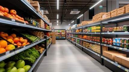 Modern supermarket aisle with fresh produce and packaged goods on shelves, providing a wide variety of grocery options under bright lighting.