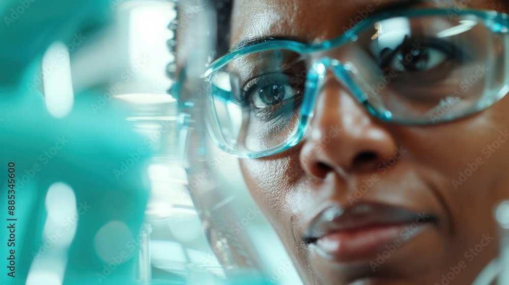 Poster a scientist deeply focused on research work in a high-tech laboratory, using various modern tools an
