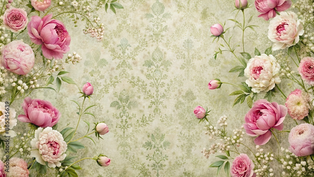 Sticker antique wallpaper with gypsophila and pink peony pattern, vintage, 1960s, floral, background, retro,