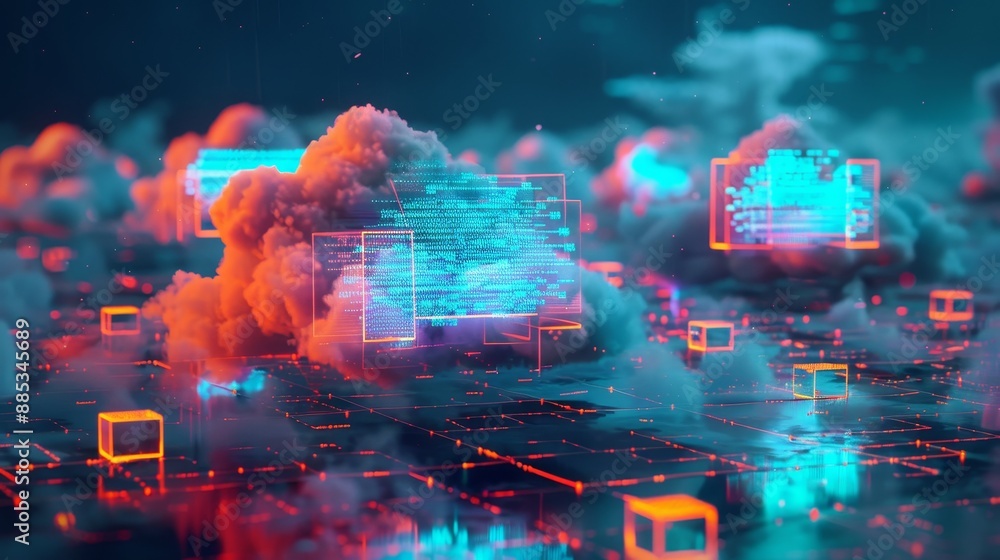 Aufkleber web futuristic hologram with cloud icon, blue golden light digits, cloud computing. abstract movemen