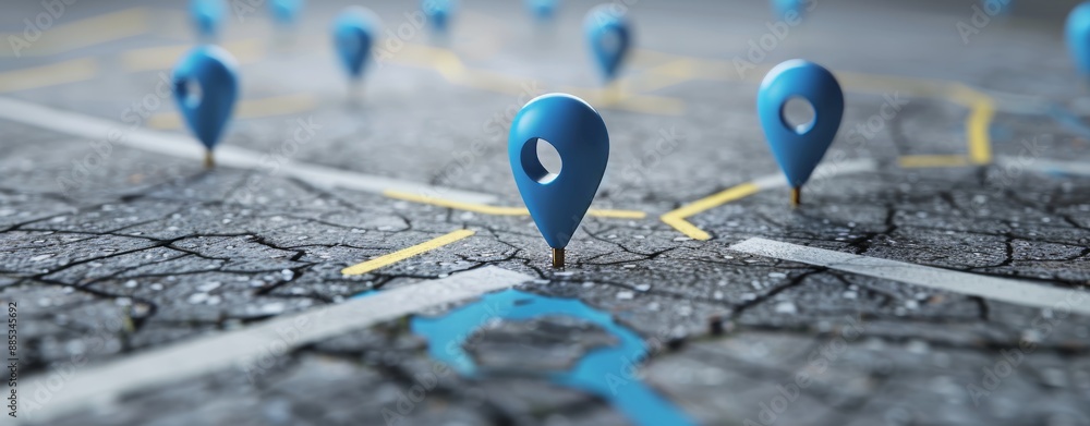 Poster a 3d rendering of a road map with a blue location pin icon symbol, a gps travel route navigation mar
