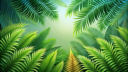 Digitally illustrated scene of layered fern and palm fronds, digital , tropical, nature, plants, greenery, leaves, botanical