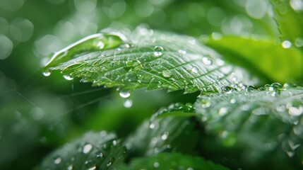 Zoomed-in image of water droplets on green leaves, capturing the glistening effect and fresh appearance enhanced by the clear focus on the intricate leaf textures.