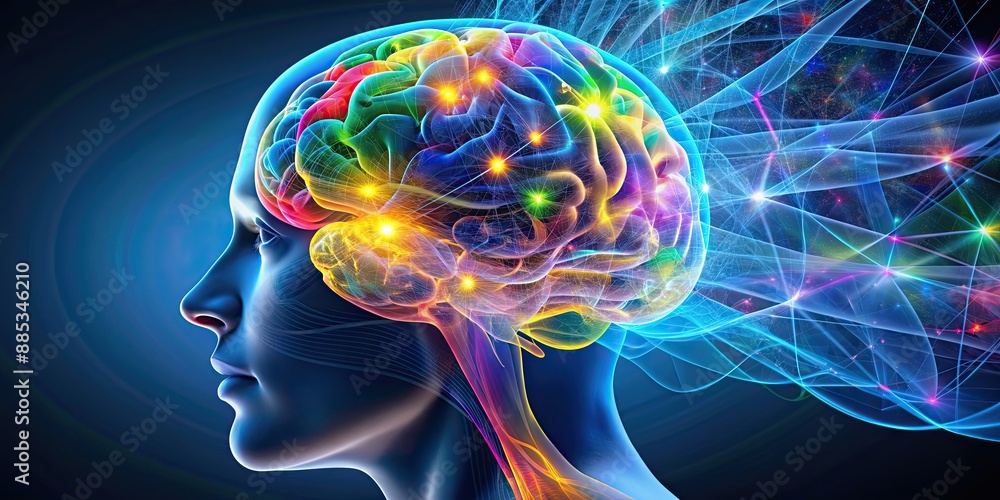 Poster Close up of a person's brain with colorful brain activity patterns, neuroscience, intelligence