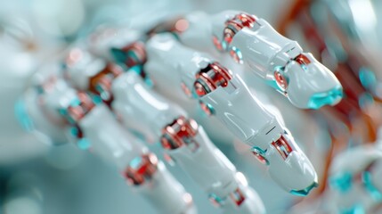Obraz premium High-definition close-up of a futuristic robotic hand, showcasing intricate design elements with white and red metallic components, highlighting technological advancements.