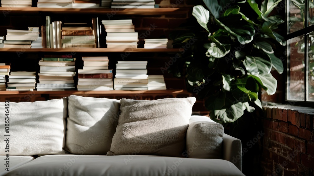 Poster this image features a cozy, sunlit room with a comfortable couch and bookshelves filled with books, 