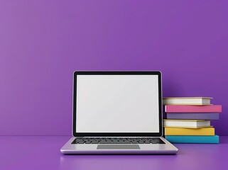 Taking online courses at home helps prevent the spread of disease. Laptop computer and books on purple background. 3D render illustration.