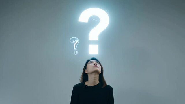 Woman with a question mark above her head, process of thinking and reflecting on gender issues and self-identification