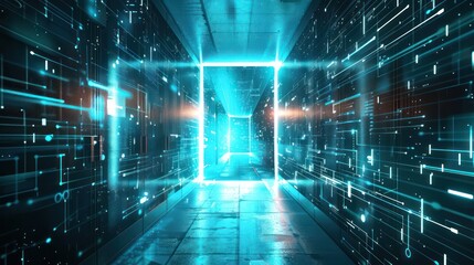 Data center abstract background. interior of server room. Digital information warehouse. Web hosting technology