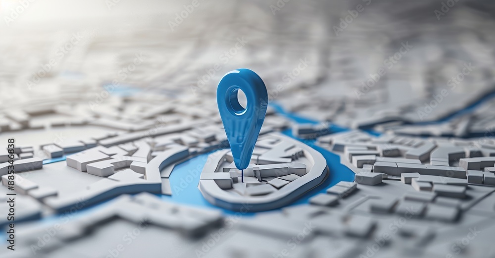 Poster symbol of a blue 3d location marker with a navigation pin road map pointer on a white street address