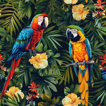 Tropical exotic pattern with macaws and flowers in brits