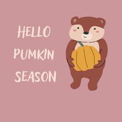 Autumn fall card template with seasonal leaves and items. Celebration design with childrens forest animal and harvest elements.