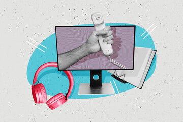 Composite photo collage of pc monitor hand hold telephone operator call center worker headphones...
