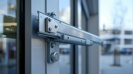 A close-up of a silver door lock on a glass door. The lock is attached to the door frame and has a keyhole. The door is open and the lock is in the unlocked position.