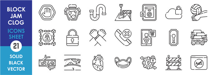A set of line icons related to Block, jam and clog. Blocking, jamming, prevent, blockchain, stuck, door, lock, jam, mask, blood vessel, ads, barrier and so on. Vector outline icons set.
