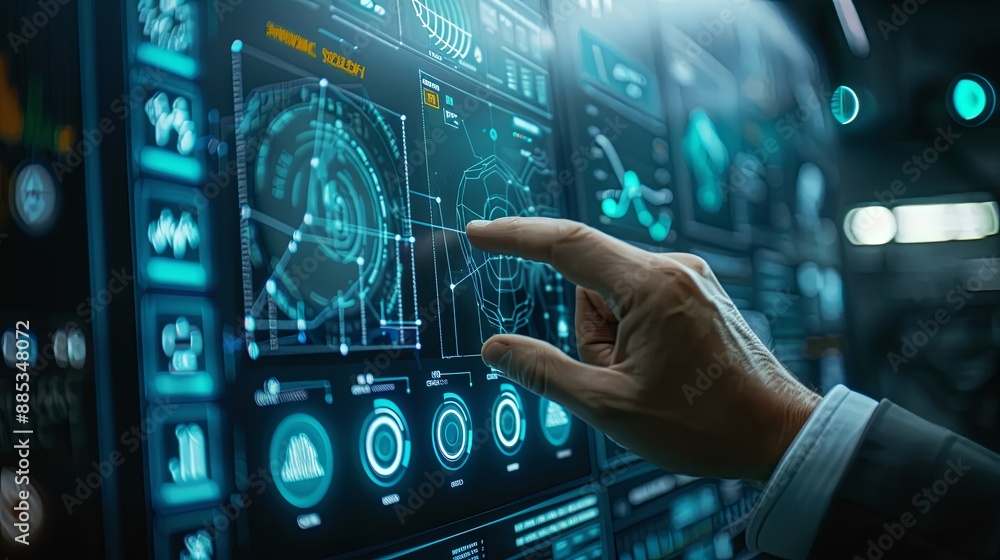 Poster businessman touch automated data management system to create reports with kpis and indicators connec
