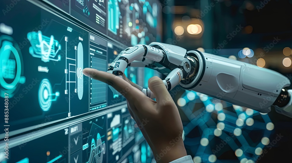Poster businessman touch automated data management system to create reports with kpis and indicators connec