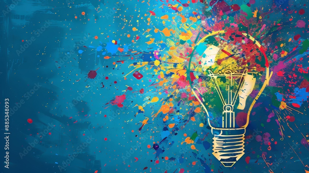 Poster sketch of a stylized light bulb with a splash of colored paint on a cyan background.