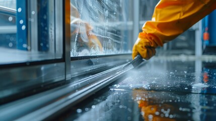 A gloved hand scrubs the bottom of a walk-in refrigerator with a brush.