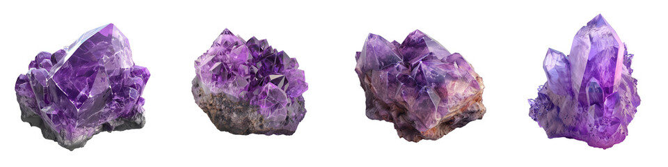 Purple amethyst crystals set against a white background, showcasing their natural beauty and vibrant colors in various shapes.