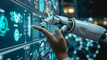 Businessman touch automated data management system to create reports with KPIs and indicators connected to the database. Data analysis with intelligent AI robot technology in business analysis 