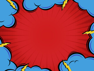 red comic book background yellow flashes and blue clouds vector illustration in pop art style cartoon retro halftone effect