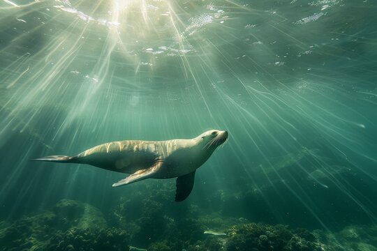 California sea lion playing underwater at Los Islotes, Baja California Sur, Mexico