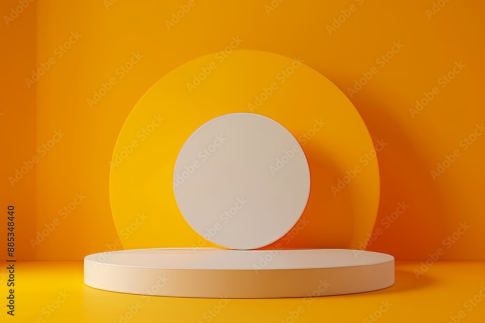 Poster a 3d rendering of an abstract plinth display with a modern stand podium on a yellow room background.
