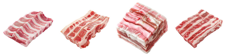 Raw pork belly slices arranged in a row on a white background, showcasing fresh marbling and texture in various cuts for culinary uses.