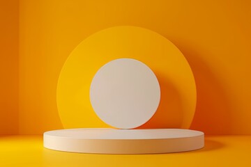 A 3D rendering of an abstract plinth display with a modern stand podium on a yellow room background. Rendering is of an empty display shelf or a backdrop to an exhibition stage.