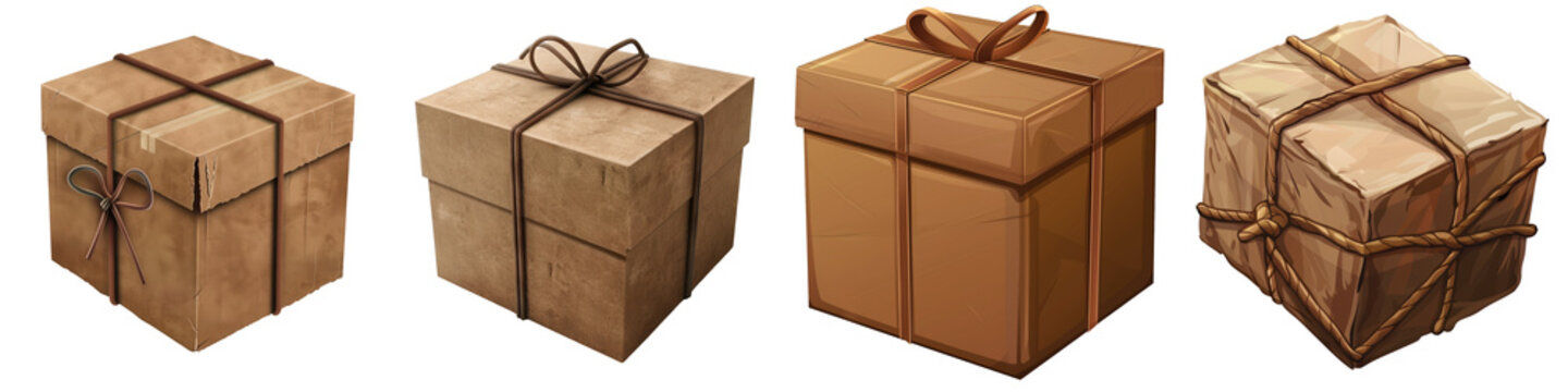 Row of four rustic cardboard boxes tied with string, showcasing packaging and shipping concepts on a white background.