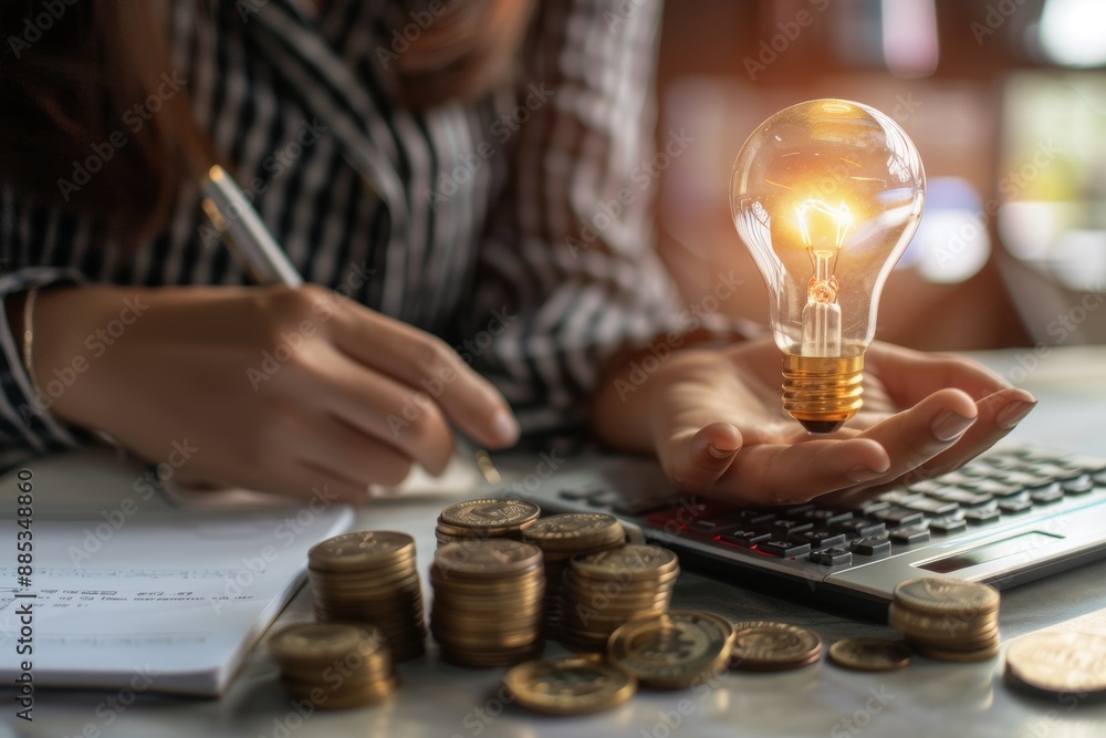 Poster saving energy and money concept shown by an energy-efficient businesswoman taking notes on a noteboo