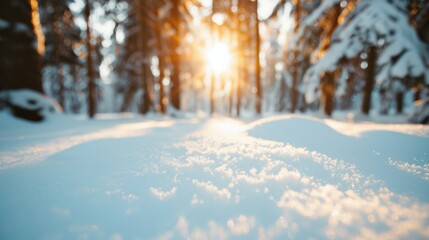 Fototapeta premium A snowy forest scene with the sun gleaming through trees, casting beautiful light on the fresh snow covering the ground, creating a magical and serene winter landscape.