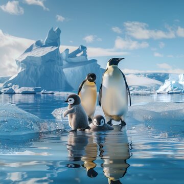 A penguin on an ice floe in the water. A large flightless bird in the cold climates. A floatable bird. Copyspace. Concept: posters and designs on the topic of protecting animals and their habitats.
