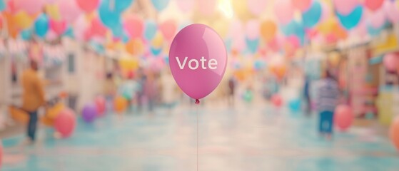 Pink Balloon with "Vote" Text in a Festive and Colorful Environment with Blurred Background Crowded with Balloons and People