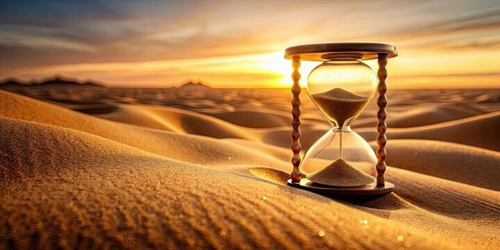 Close-up of sandclock with falling sand in dusty desert, symbolizing end of history period and memories, sandclock, falling sand, desert