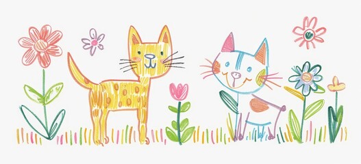 Fototapeta premium The drawing set of the dog, flowers, and cat is drawn in crayon on a white and transparent background.