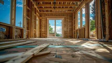 Unfinished wooden frame house interior with large windows and scattered wood scraps on the floor.  Sunlight streams through the windows.