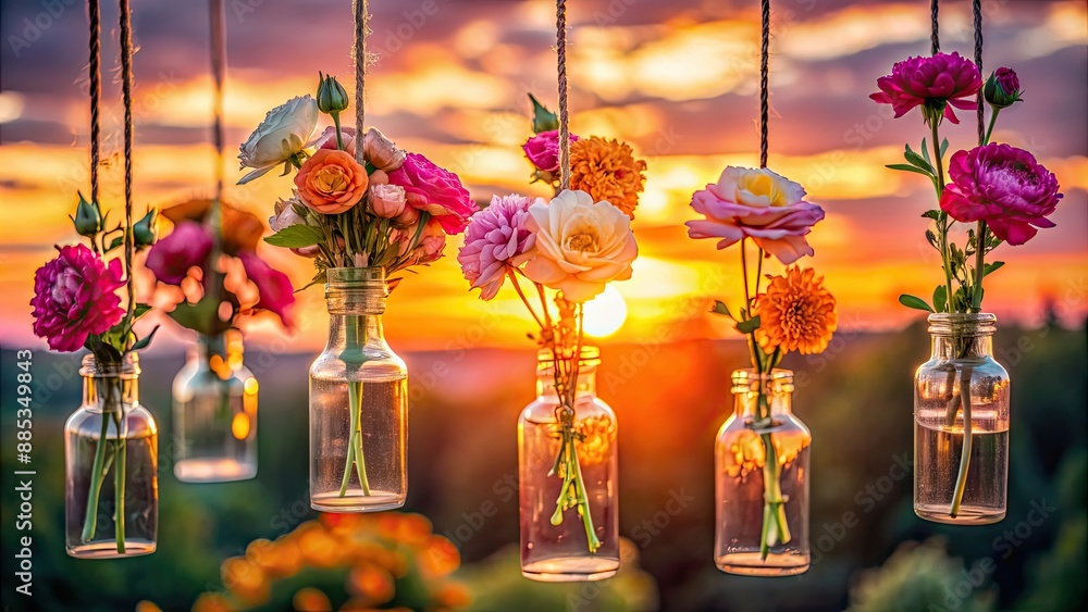 Wall mural Pink and orange flowers in bottles hanging on strings against the setting sun, flowers, colorful, sunset, pink, orange, bottles