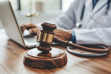 While using a laptop, a doctor is using a gavel with a medical stethoscope. Concept of medical law and medical crimes.