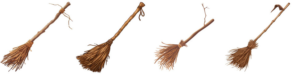 Set of traditional witches' brooms on white background, perfect for Halloween designs or magical-themed projects.