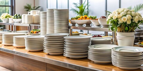 Clean and modern catering setup with stacks of plates and serving dishes, catering, event, buffet, restaurant, cafe