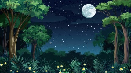 Nature forest landscape at night scene illustration