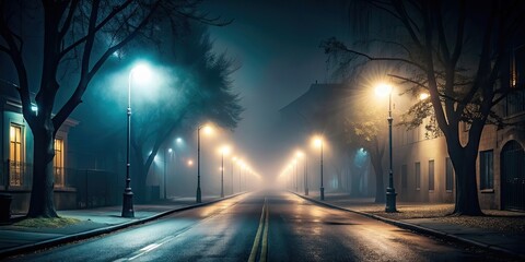 Empty dark night street with light and fog, city, urban, street, empty, dark, night, light, fog, mist, atmospheric, eerie
