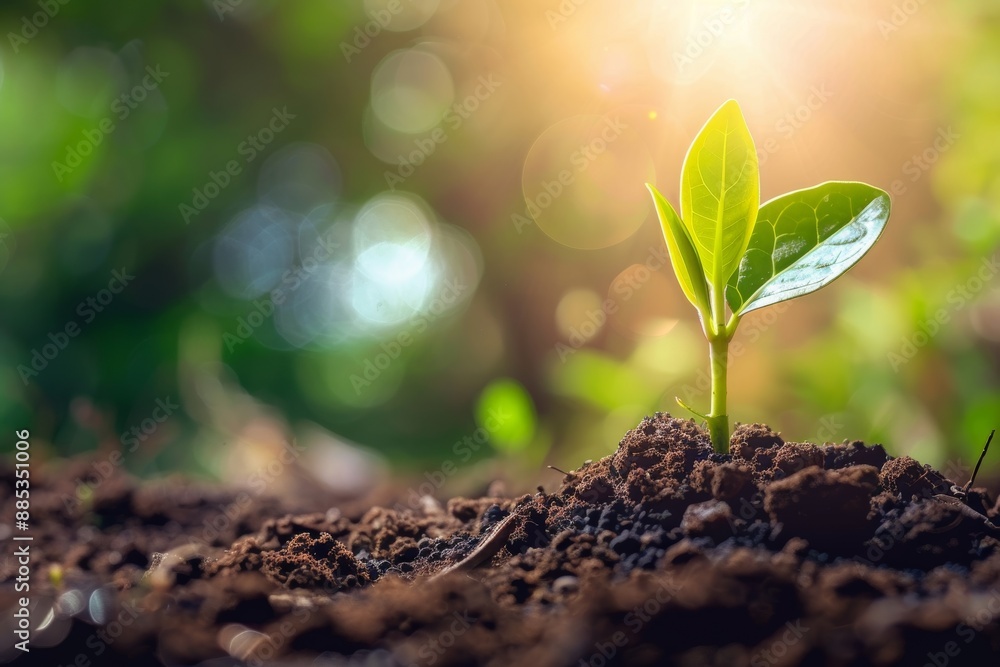 Wall mural on a nature background, a young plant is illuminated by the morning light