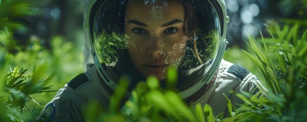 Astronaut Farmer in Lush Greenery - Futuristic Agriculture and Space Exploration Concept