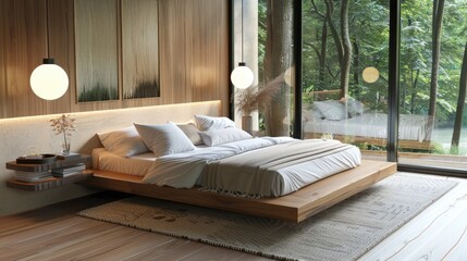 A stylish bedroom with a floating bed