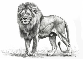 Fototapeta premium The male lion with a big shaggy mane is illustrated in pencil over a white background, a detailed drawing of a single lion standing, a big cat from Africa, drawn in pen and ink on a white background.